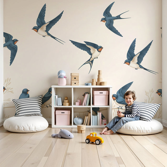 Papel de parede para quarto infantil | Andorinhas a voar sobre fundo suave