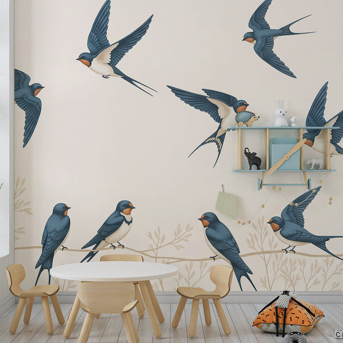 Papel de parede para quarto infantil | Andorinhas a voar sobre fundo suave