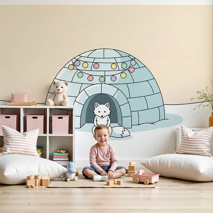 Barnrumspapper | Sagolik igloo med räv och ljusslingor