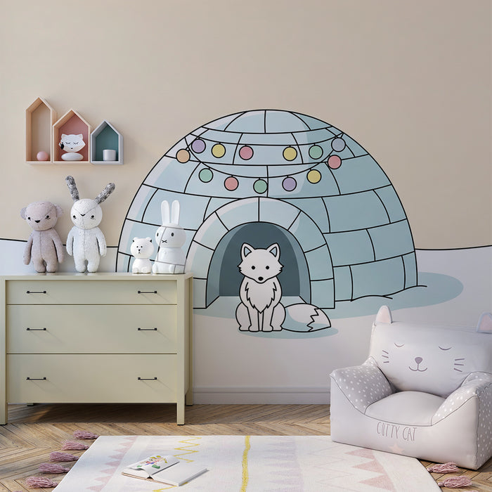 Barnrumspapper | Sagolik igloo med räv och ljusslingor