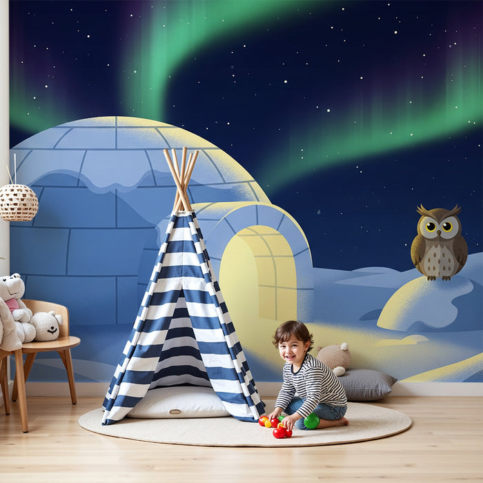 Barnetapet | Iglo under nordlyset med nysgjerrig ugle