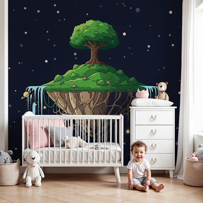 Behang kinderkamer | Zwevend eiland met boom en fonkelende sterren
