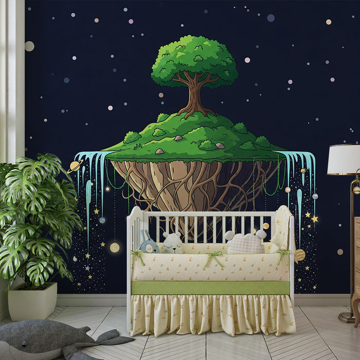 Behang kinderkamer | Zwevend eiland met boom en fonkelende sterren