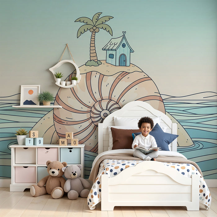 Papel de parede para quarto de criança | Ilha mágica com conchas e casa colorida