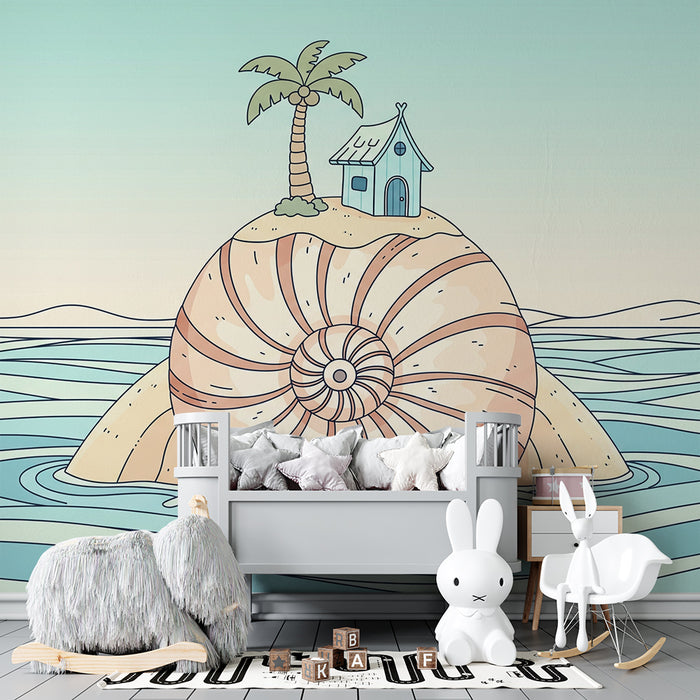 Papel de parede para quarto de criança | Ilha mágica com conchas e casa colorida