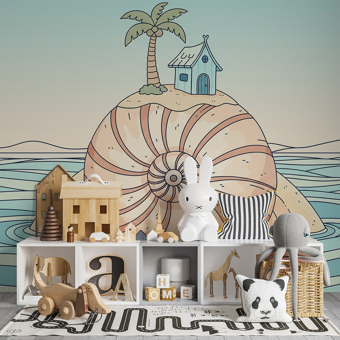 Papel de parede para quarto de criança | Ilha mágica com conchas e casa colorida