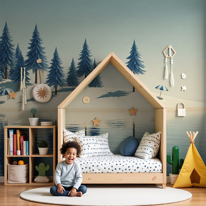 Behang kinderkamer | Vredig eiland met dennenbomen en parasols