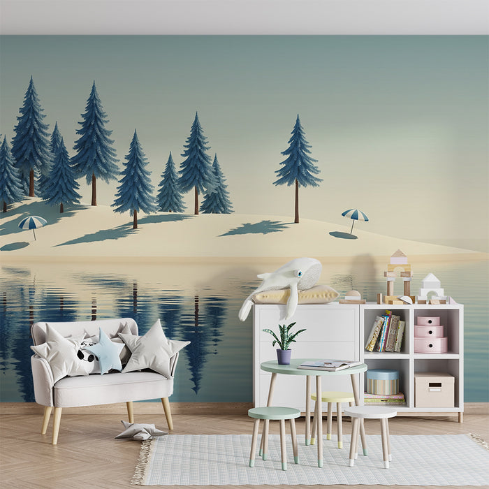 Behang kinderkamer | Vredig eiland met dennenbomen en parasols