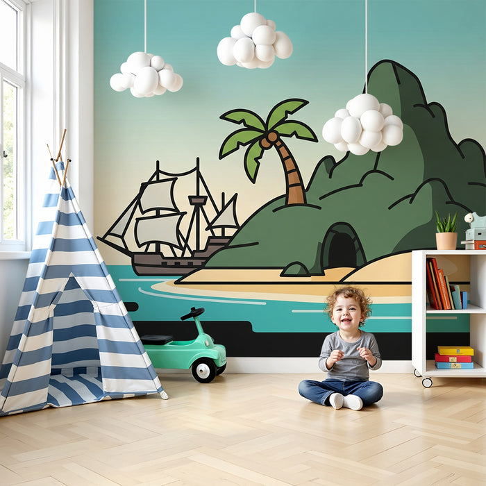 Kinderzimmer Tapete | Tropische Insel mit Boot und Palme