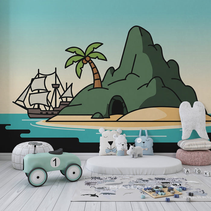 Kinderzimmer Tapete | Tropische Insel mit Boot und Palme