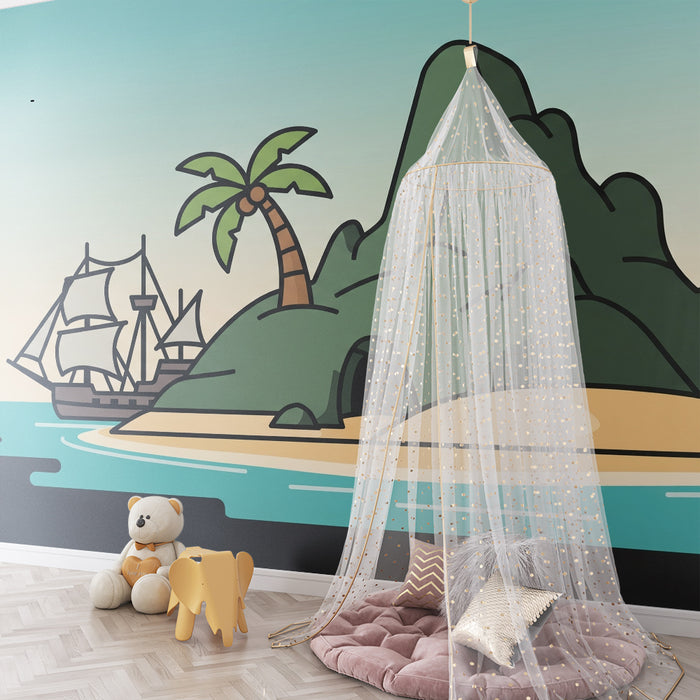 Kinderzimmer Tapete | Tropische Insel mit Boot und Palme