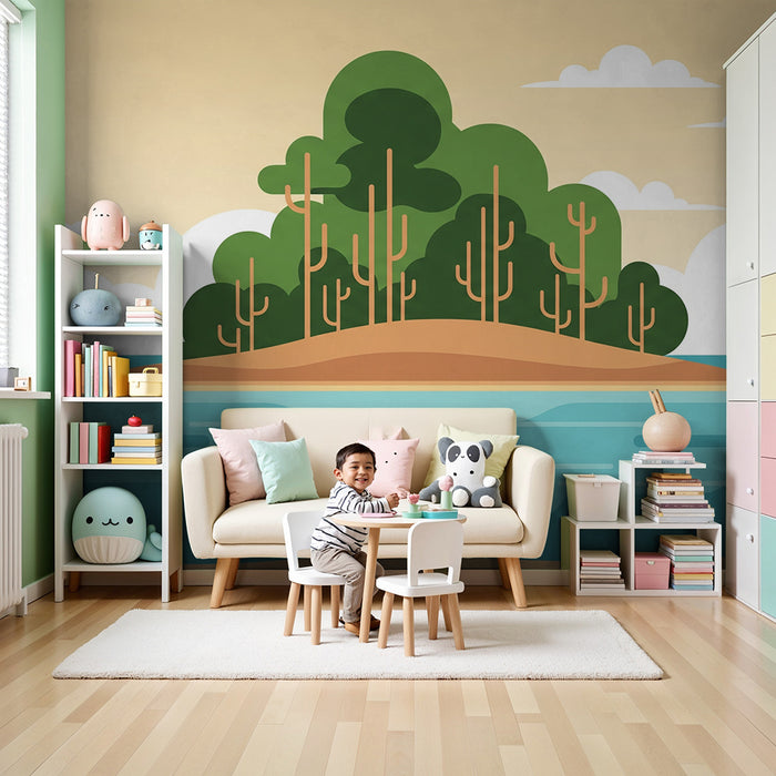 Kids' Room Wallpaper | Tropical Island with Lush Greenery and Calm Ocean
