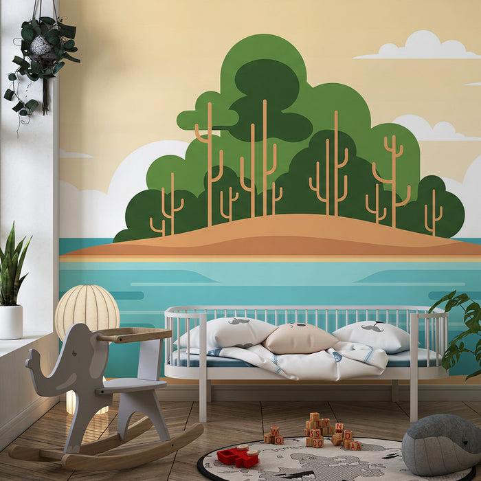 Kids' Room Wallpaper | Tropical Island with Lush Greenery and Calm Ocean