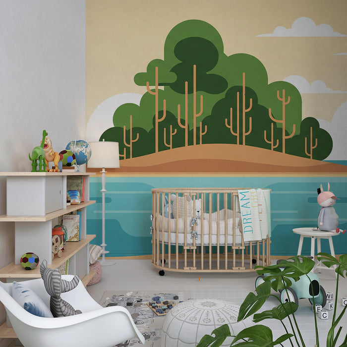 Kids' Room Wallpaper | Tropical Island with Lush Greenery and Calm Ocean