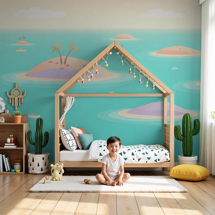 Gyermekszoba tapéta | Trópusi szigetek és hajók egy türkiz óceánban