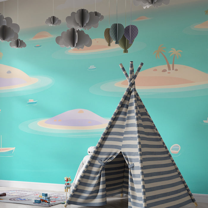 Gyermekszoba tapéta | Trópusi szigetek és hajók egy türkiz óceánban