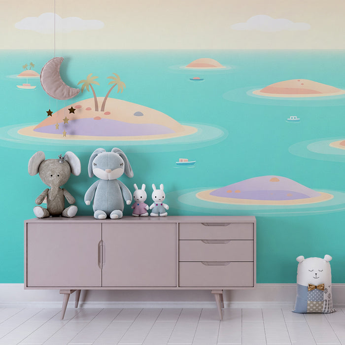 Gyermekszoba tapéta | Trópusi szigetek és hajók egy türkiz óceánban