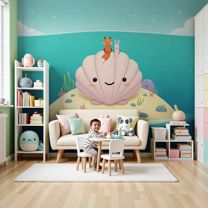 Papel de parede para quarto infantil | Ilha alegre com uma concha e amigos marinhos
