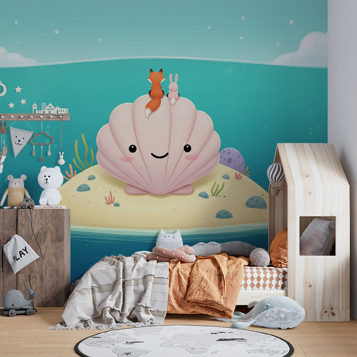 Papel de parede para quarto infantil | Ilha alegre com uma concha e amigos marinhos