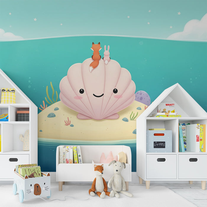 Papel de parede para quarto infantil | Ilha alegre com uma concha e amigos marinhos
