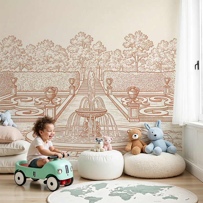 Kinderzimmer Tapete | Eleganter Garten mit Brunnen und Blumenmotiven