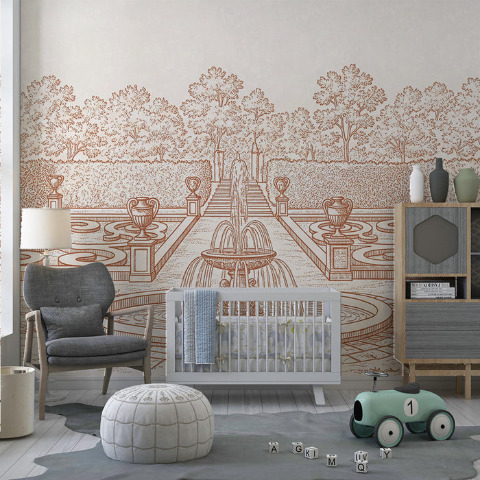 Kinderzimmer Tapete | Eleganter Garten mit Brunnen und Blumenmotiven