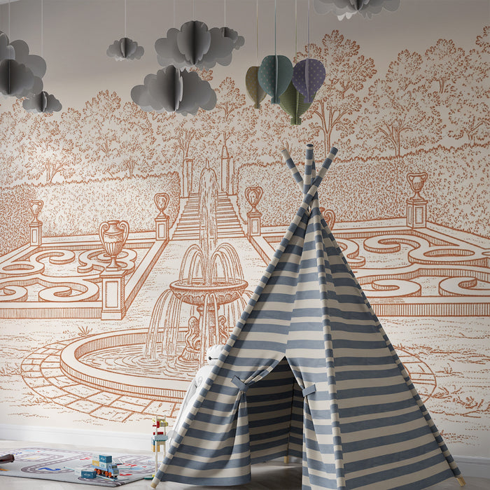 Kinderzimmer Tapete | Eleganter Garten mit Brunnen und Blumenmotiven