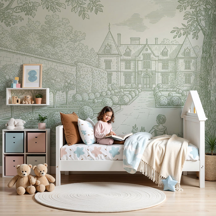 Tapete Kinderzimmer | Eleganter Garten mit Grünmotiven und klassischer Architektur