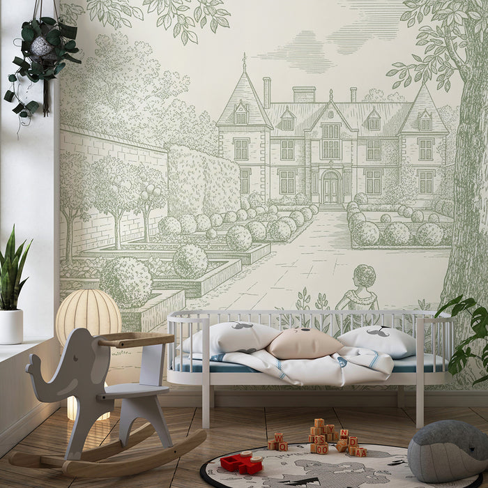 Tapete Kinderzimmer | Eleganter Garten mit Grünmotiven und klassischer Architektur