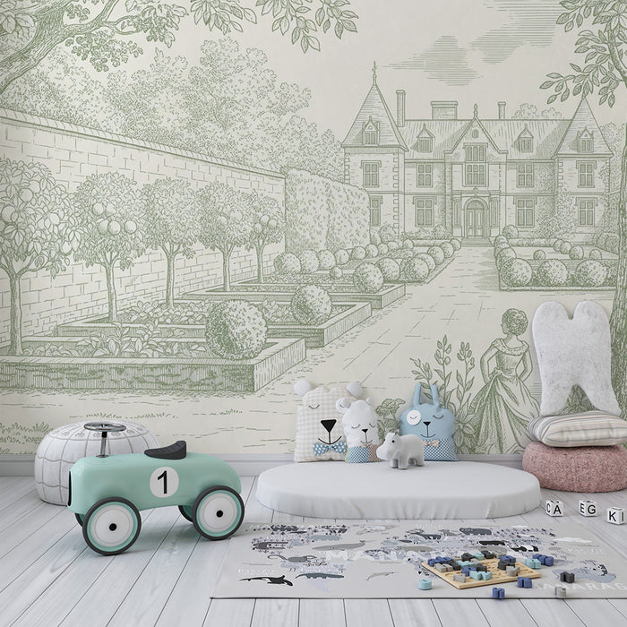 Tapete Kinderzimmer | Eleganter Garten mit Grünmotiven und klassischer Architektur