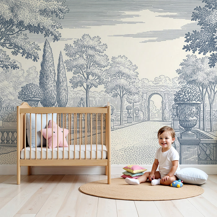 Tapete Kinderzimmer | Eleganter Garten mit Statuen und üppigen Bäumen