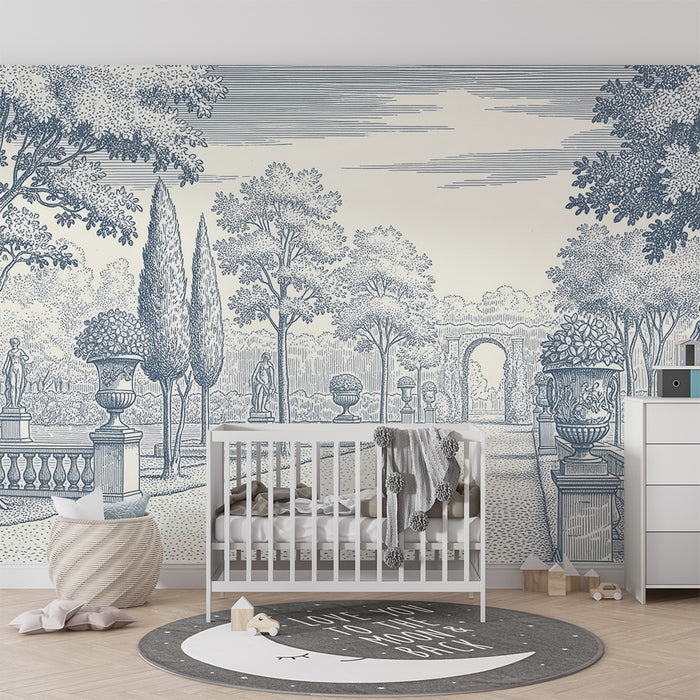 Tapete Kinderzimmer | Eleganter Garten mit Statuen und üppigen Bäumen