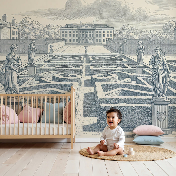 Carta da parati per camera bambini | Giardino elegante con statue e motivi geometrici