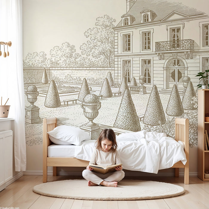 Papier peint chambre enfant | Jardin élégant avec topiaires et architecture classique