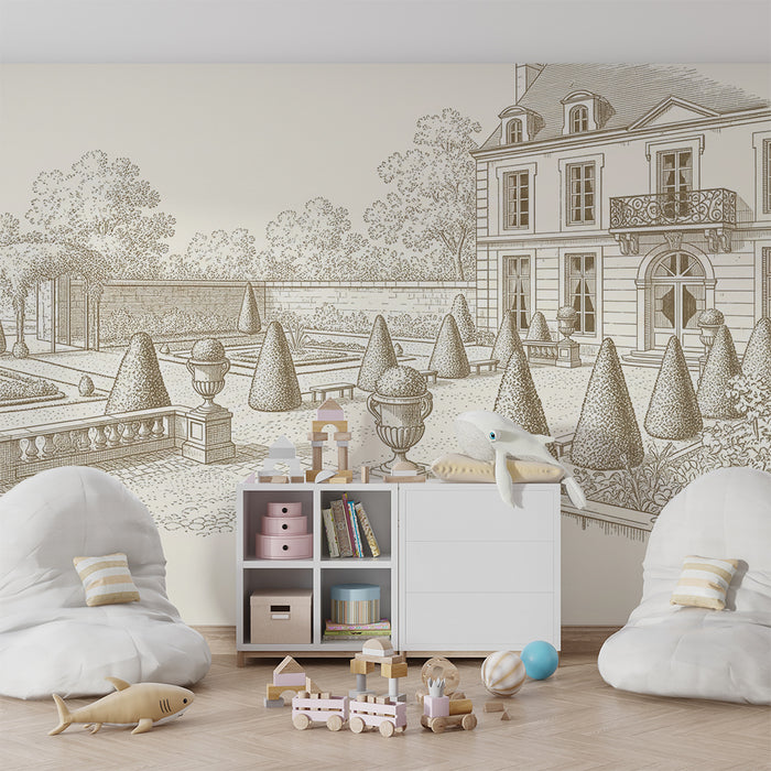 Papier peint chambre enfant | Jardin élégant avec topiaires et architecture classique