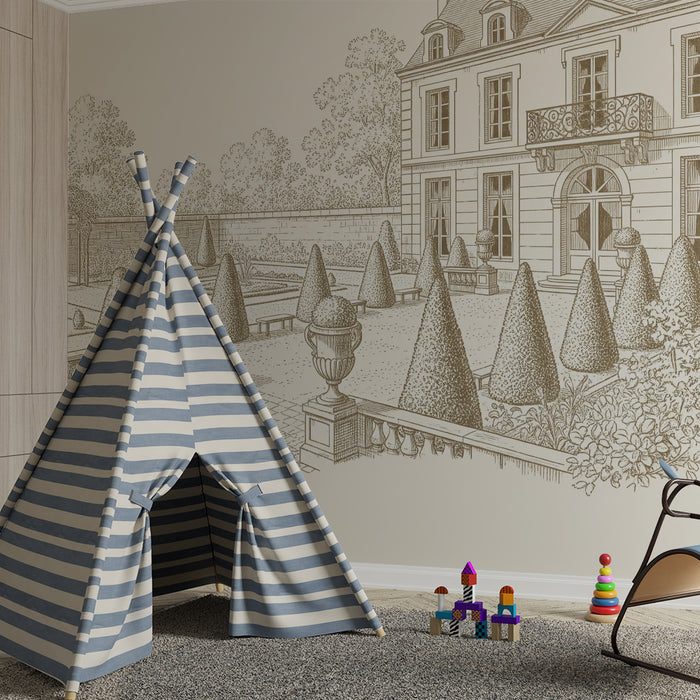 Papier peint chambre enfant | Jardin élégant avec topiaires et architecture classique