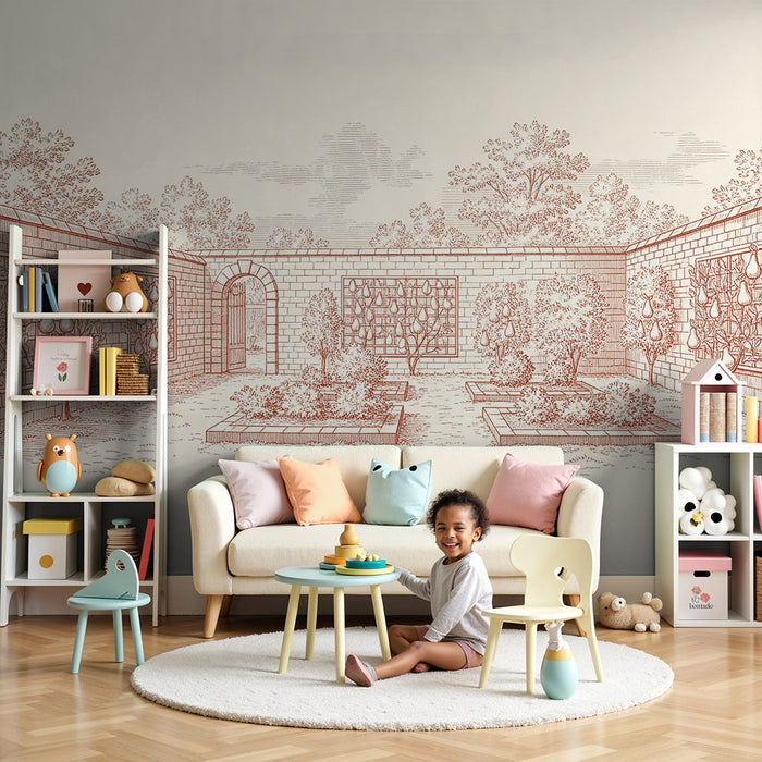 Papel de parede para quarto infantil | Jardim em toile de Jouy com árvores de fruto e canteiros de flores