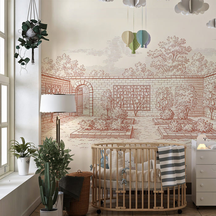 Papel de parede para quarto infantil | Jardim em toile de Jouy com árvores de fruto e canteiros de flores
