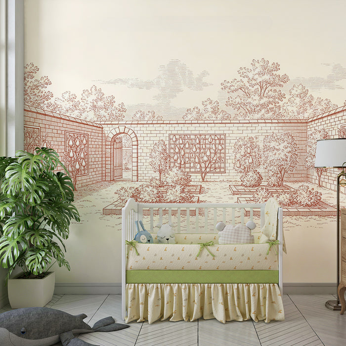 Papel de parede para quarto infantil | Jardim em toile de Jouy com árvores de fruto e canteiros de flores