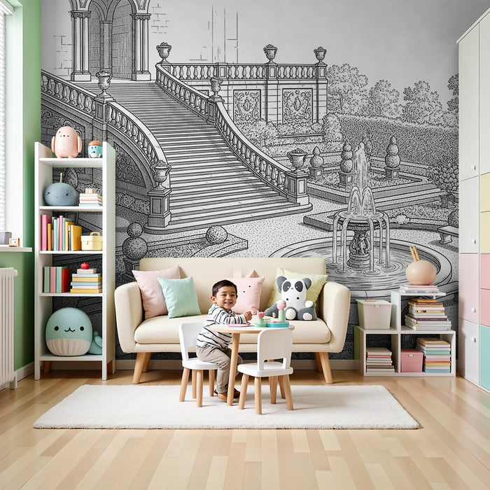 Papier peint chambre enfant | Jardin enchanté avec fontaine et escaliers majestueux