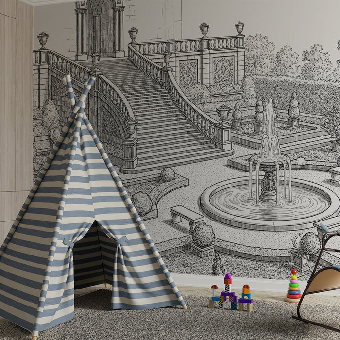 Papier peint chambre enfant | Jardin enchanté avec fontaine et escaliers majestueux