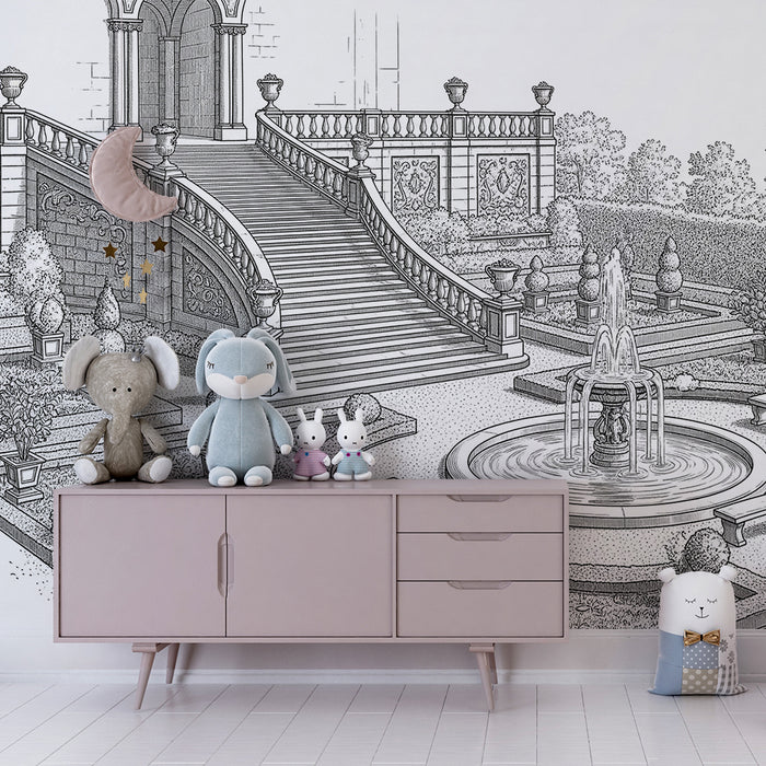 Papier peint chambre enfant | Jardin enchanté avec fontaine et escaliers majestueux