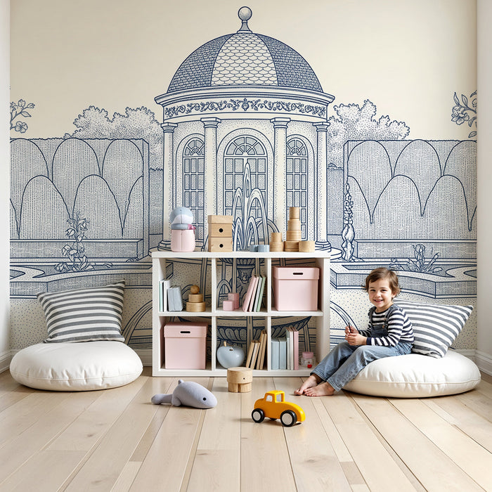 Kinderzimmer Tapete | Zauberhafter Garten mit Brunnen und Blumenmotiven