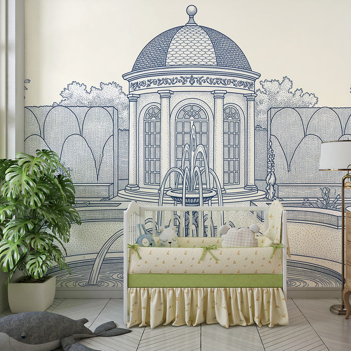 Kinderzimmer Tapete | Zauberhafter Garten mit Brunnen und Blumenmotiven