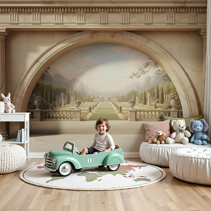 Papier peint chambre enfant | Jardin enchante avec statues et verdure luxuriante