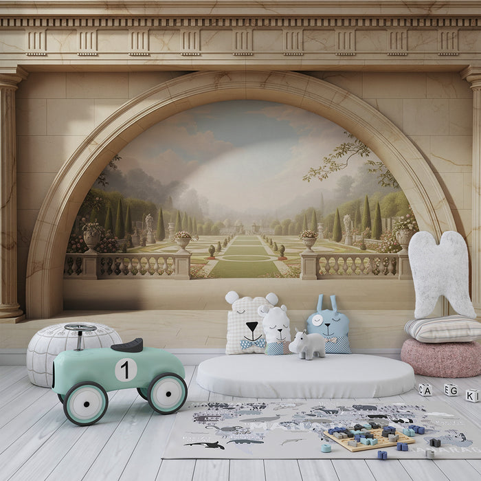 Papier peint chambre enfant | Jardin enchante avec statues et verdure luxuriante