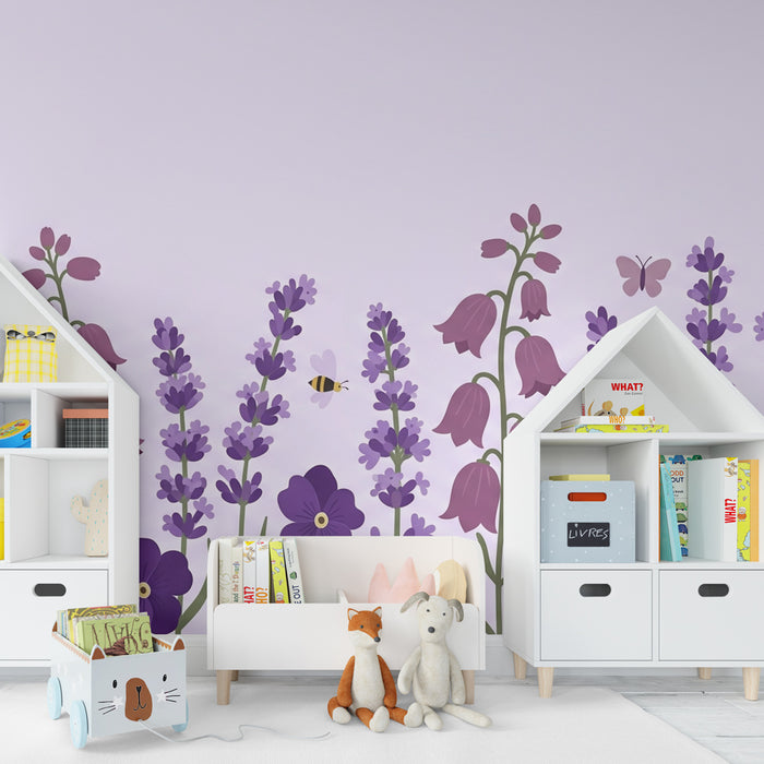 Carta da parati bambini | Giardino fiorito con farfalle e api