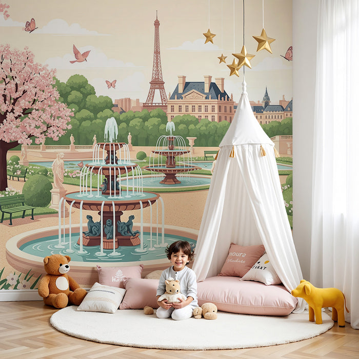 Children's bedroom wallpaper | Parisian garden with fountains and cherry blossoms