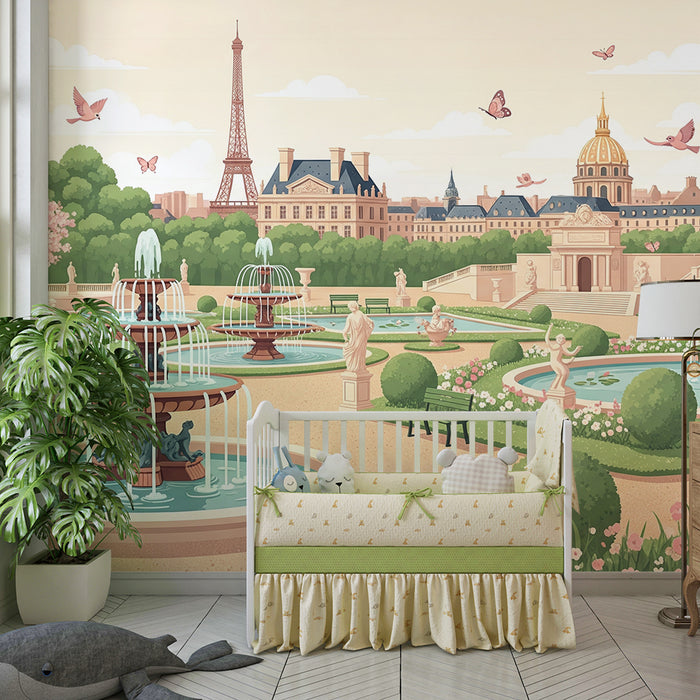 Children's bedroom wallpaper | Parisian garden with fountains and cherry blossoms