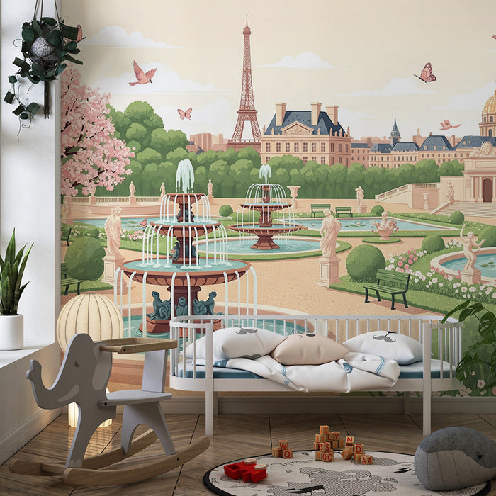 Children's bedroom wallpaper | Parisian garden with fountains and cherry blossoms